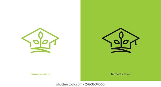 Diseño creativo del logotipo de la Educación agrícola. Sombrero de Graduación con Tierras y Plantas. Educación Logo, ícono, símbolo, Vector, Plantilla de diseño.