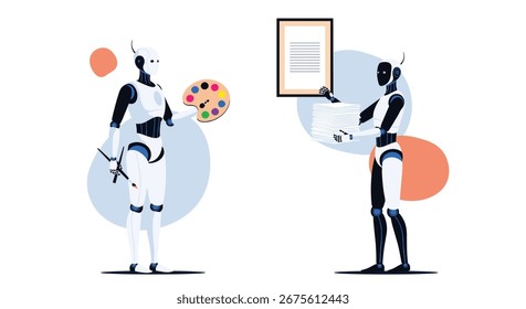 Robôs de IA criativos colaborando em arte e documentos, explorando conceitos de inovação e tecnologia