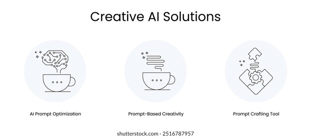 Soluciones creativas de IA - Iconos que representan: creatividad basada en la Instrucción, herramienta de creación de Instrucciones, optimización de la Instrucción de IA. Estos iconos están diseñados para representar visualmente soluciones de ayuda creativas.