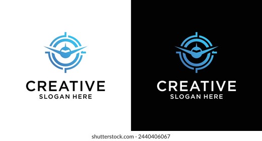 Avión creativo con el vector del diseño del logotipo del objetivo