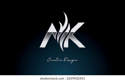 Creative AK Letter Flame Logo Bold Metallic Monogram with Fire Symbol for Premium Chrome Branding and Visual Identity