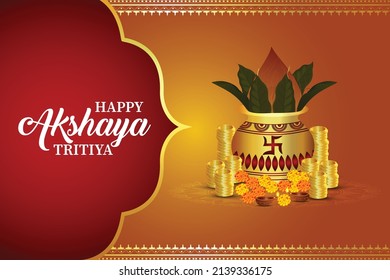 Creative akshaya tritiya celebration background with decorative gold coin pot