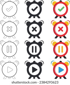 Icono creativo del reloj de alarma que representa varios símbolos de estado - terminado, terminado, pausar y reanudar. Perfecto para aplicaciones de administración de tiempo, programación de proyectos y conceptos de productividad.