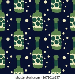 Creative alcohol bottles on black background. Hand drawn green glass bottle seamless pattern on dots.  Modern vector illustration