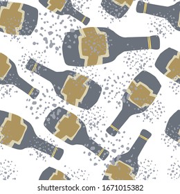 Kreative Alkoholflaschen auf weißem Hintergrund. Funny doodle graue Glasflasche nahtlos Muster auf Punkten.   Moderne Vektorillustration