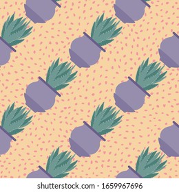 Creative aloe cactus in pot seamless pattern. Houseplant cacti backdrop. Botanical exotic wallpaper. Design for fabric, textile print, wrapping paper, kitchen textiles. Vector illustration.