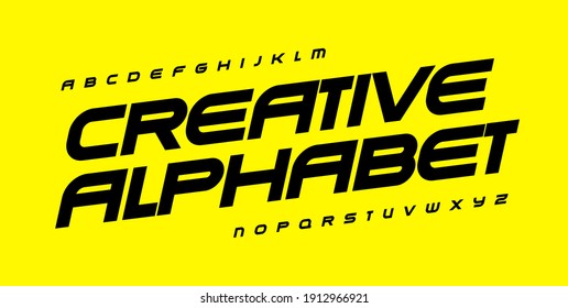 Creative alphabet for automotive, sport, gym and fitness. Geometric font, wide bold italic type for modern logo, banner and poster headline, monogram, quote and lettering. Vector typographic design