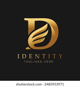 creative alphabet golden letter D wings, dark background vector illustration