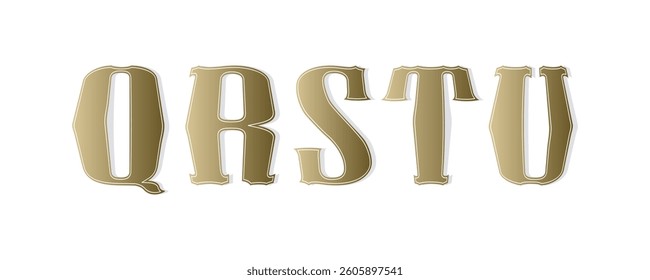 A creative alphabet with a golden retro touch. Elegant uppercase letters with embossed shadows. Suitable for games, branding, posters, and vintage-style graphics.