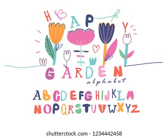Creative Alphabet for kids. Positive letters. Seamless flowers illustration. Design for childrens.