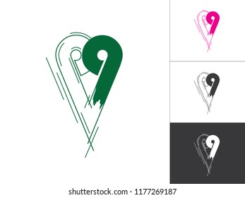 Creative Alphabet and Number Logotype Sketch Concept in Vector. Modern Abstract Logo Design Elements in Green and Pink Color. Alphabet P and Number 9 Inside This Designs Elements.