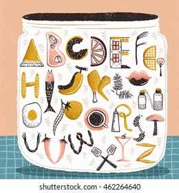 creative alphabet of various elements in kitchen as vector