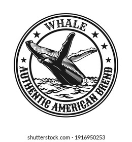 Creative American brand with huge whale. Monochrome elements for web design with whale in ocean and text. Nature or wildlife concept for travel agency stamp, label, sign template