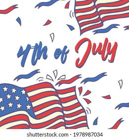 Creative American Flag colors Ribbon with stylish text 4th of July, Independence Day and different elements on grey background.