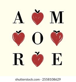 Creative Amore text design with stylized red hearts. Romantic Italian word vector illustration for Valentine's Day cards, posters, and wedding decorations.