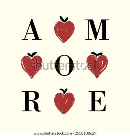 Creative Amore text design with stylized red hearts. Romantic Italian word vector illustration for Valentine's Day cards, posters, and wedding decorations.