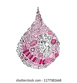 Creative anemia background with lettering in doodle style. Hand drawn vector illustration in black and pink colors isolated on white background. Medical, healthcare and educational concept.
