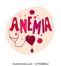 Creative anemia background with lettering in doodle style. Hand drawn vector illustration in red and pink colors isolated on white background. Medical, healthcare and educational concept.