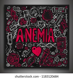 Creative anemia background with lettering in doodle style. Hand drawn vector illustration in white and pink colors isolated on dark grey background. Medical, healthcare and educational concept.