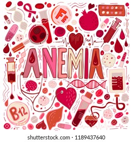 Creative anemia background with lettering in doodle style. Hand drawn vector illustration in red and pink colors isolated on white background. Medical, healthcare and educational concept.