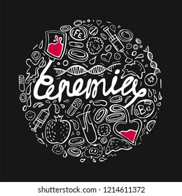 Creative anemia background with lettering in doodle style. Hand drawn vector illustration in white color isolated on dark grey background. Medical, healthcare and educational concept.