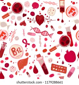 Creative anemia seamless pattern in doodle style. Hand drawn vector illustration in red and pink colors isolated on white background. Medical, healthcare and educational concept.