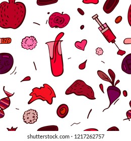 Creative anemia seamless pattern in doodle style. Hand drawn vector illustration in red and pink colors isolated on white background. Medical, healthcare and educational concept.