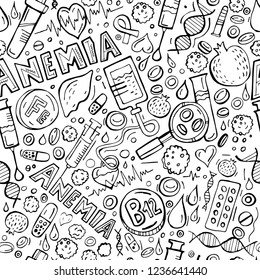 Creative anemia seamless pattern in doodle style. Hand drawn vector illustration in black color isolated on white background. Medical, healthcare and educational concept.
