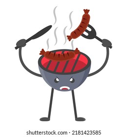creative angary BBQ grill character cook meat .BBQ grill character isolated on white background. Vector illustration in flat style