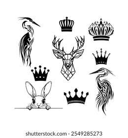 Creative animal illustrations featuring crowns with a heron, deer, rabbit and intricate designs. Silhouettes