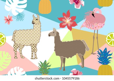 Creative animal print. Seamless vector pattern with llamas, flamingos and flowers. Trendy textile design for shirts, dresses, bags and carpets. Hawaiian collection. On colorful background.