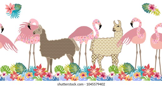 Creative animal print. Seamless vector pattern with llamas, flamingos and flowers. Trendy textile design for shirts, dresses, bags and carpets. Hawaiian collection. On white background.