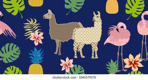 Creative animal print. Seamless vector pattern with llamas, flamingos and flowers. Trendy textile design for shirts, dresses, bags and carpets. Hawaiian collection. On dark background.