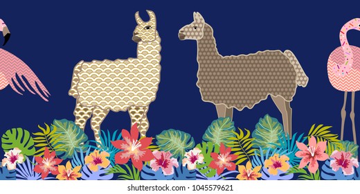 Creative animal print. Seamless vector pattern with llamas, flamingos and flowers. Trendy textile design for shirts, dresses, bags and carpets. Hawaiian collection. On colorful background.