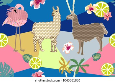 Creative animal print. Seamless vector pattern with llamas, flamingos and flowers. Trendy textile design for shirts, dresses, bags and carpets. Hawaiian collection. On dark colorful background.