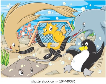 Creative Animals Playing Hockey Game Illustration