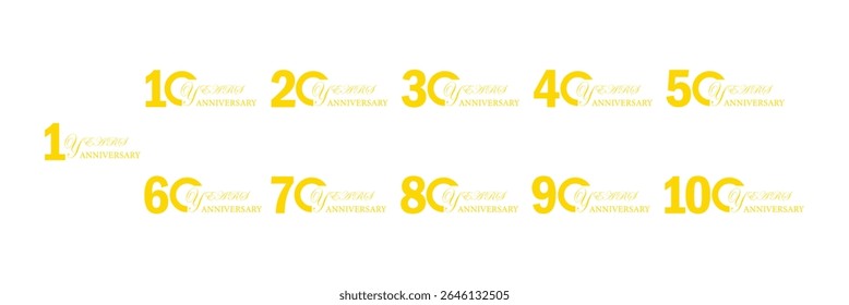 Creative Anniversary Number Logo Set: 10 to 100 Years Vector Emblems for Events and Branding.