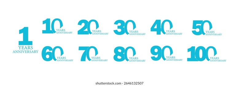 Creative Anniversary Number Logo Set: 10 to 100 Years Vector Emblems for Events and Branding.