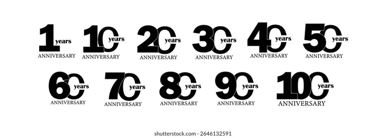 Creative Anniversary Number Logo Set: 10 to 100 Years Vector Emblems for Events and Branding.