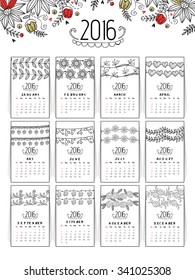 Creative Annual Calendar of 2016, decorated with beautiful floral design for Happy New Year celebration.