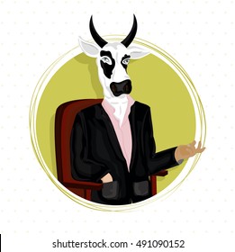 Creative Anthropomorphic design, Cow dressed up like business man and sitting on a chair, Fashion Animal illustration, Half Human and Half Animal concept.