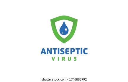 Creative antiseptic virus and antibacterial with shield for healthy logo design vector. Protection campaign or measure from coronavirus or COVID 19 protection logo.