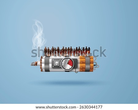 Creative anti-smoking artwork showing a cigarette as a time bomb carrying silhouettes of people. Represents the hidden and widespread harm caused by tobacco use.