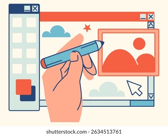 Creative app design interface with stylus interaction. Vector illustration. Graphic Background for representing digital design, UI, web creation, and creativity