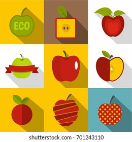 Creative apple icons set. Flat set of 9 creative apple vector icons for web with long shadow