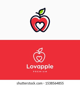 Creative Apple Logo With Love Heart Inside And Leaf Icon Design Symbol Illustration In Trendy Colorful Linear Line Style 