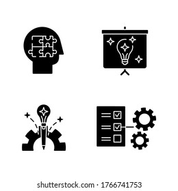 Creative approach black glyph icons set on white space. Business project. Presentation of report. Smart innovative solution. Technical document. Silhouette symbols. Vector isolated illustration
