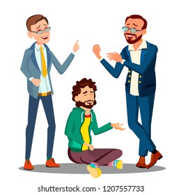 Creative Approach, Man In Casual Clothes Sitting On Floor Among Businessmen In Suits Vector. Isolated Illustration
