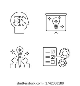 Ajuste de iconos lineales perfectos de píxeles de aproximación creativa. Proyecto de negocio. Presentación del informe final. Símbolos de contorno de línea delgada personalizables. Ilustraciones aisladas del contorno vectorial. Trazo editable