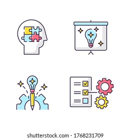 Creative approach RGB color icons set. Business project. Presentation of finalized report. Smart innovative solution. Experiment with task. Technical document. Isolated vector illustrations